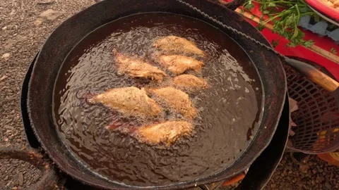 Breaded fish fillets frying in hot oil, turning golden brown with bubbling Stock Footage 331146283