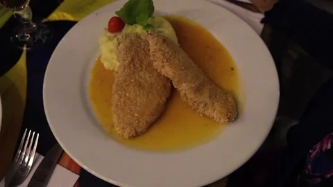 Breaded Fish Served With Mashed Potato. Close Up Stock Footage 297168681