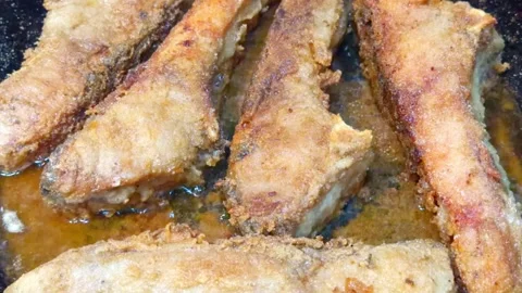 Breaded fried fish is browning on the baking tray in close up Stock Footage 323538550