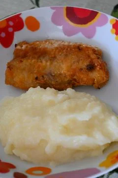 A breaded fried fish fillet is on a plate with mashed potatoes. Stock-Fotos
