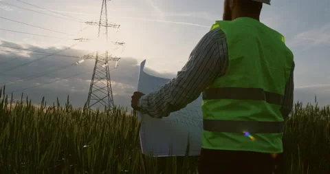 Breaded man with drawing in wheat field with power lines Video stock 156689004