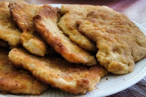 Breaded pork cutlet crispy fried schnitzel Polish food  스톡 사진