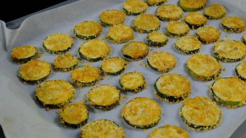 Breaded Zucchini Rounds on Baking Sheet Cooking Preparation Stock Footage 341452422