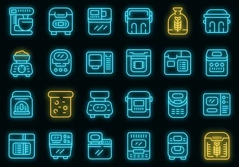 Breadmaker icons set outline vector. Kitchen machine vector neon Stock Illustration
