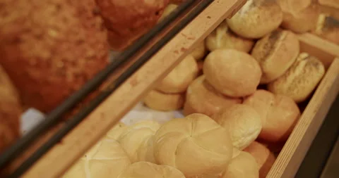 Breads and rolls at a bakery. 4K. Stock Footage 221560951