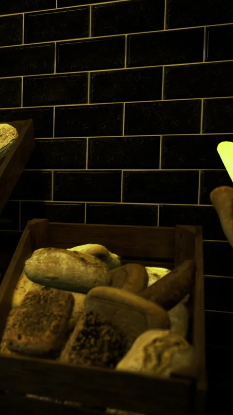 Breads arranged on shelves in a bakery displaying different types of loaves 動画素材 331670344