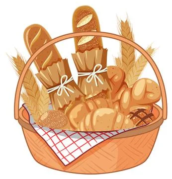 Breads in basket on white background Stock Illustration