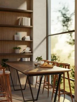 Breads on plate and a coffee cup on wooden table with stool chairs in dinin.. Illustrazione stock