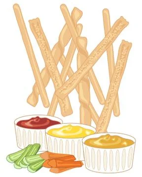 Breadsticks and dips Stock Illustration
