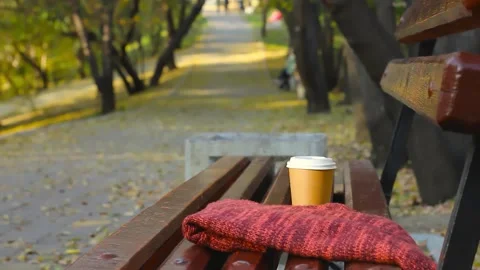 Break in autumn park, empty bench with knitted top and cup of coffee on walkway 스톡 동영상 204860180