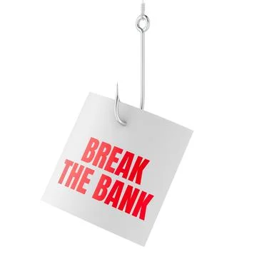 Break the Bank note on fishing hook, bait concept. 3D rendering Stock Illustration