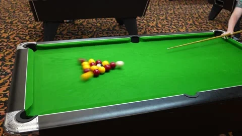 The break of blackball Pool balls on a green pool table Stock Footage 297872903