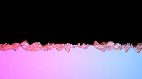 Break in a brick wall covered with plaster horizontally in neon lighting Illustrazione stock