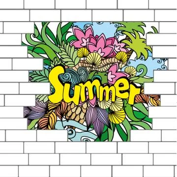 Break in a brick wall with a summer background Stock Illustration