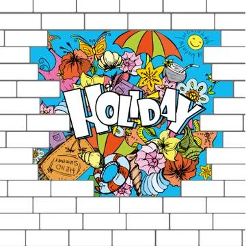 Break in a brick wall with a summer background Stock Illustration