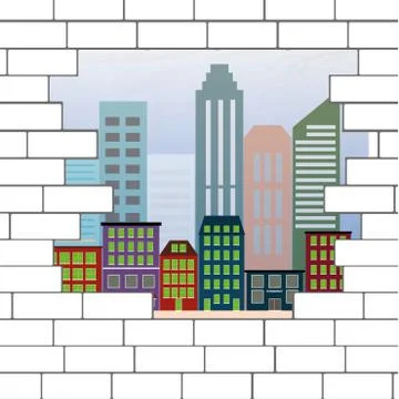 Break in the brick wall with  view the city Stock Illustration