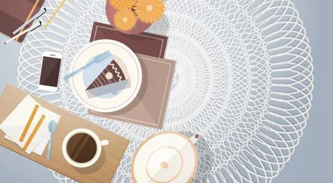Break Coffee Cup Cake Table Top Angle View Banner Stock Illustration