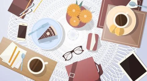 Break Coffee Cup Cake Table Top Angle View Banner Stock Illustration