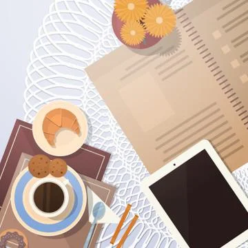 Break Coffee Cup Cake Table Top Angle View Banner Stock Illustration
