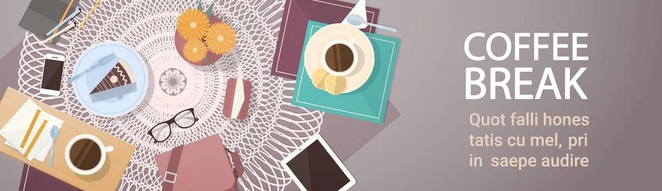 Break Coffee Cup Cake Table Top Angle View Banner Stock Illustration