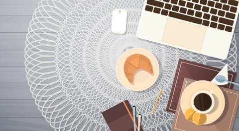 Break Coffee Cup Cake Table Top Angle View Banner Stock Illustration