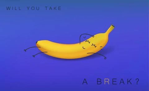 Break concept. Vector realistic banana lies relaxed on a blue background. Stock Illustration