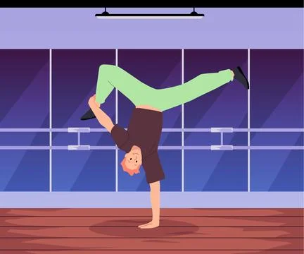 Break dancer boy showing dynamic pose stands on one hand, vector cartoon hip hop 스톡 일러스트
