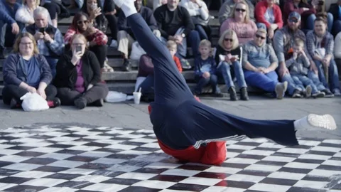 Break dancer takes off coat while spinning Stock Footage 103177272
