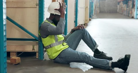 Break, distribution and stress with black man in factory for delivery, logistics Stock Footage 335936802
