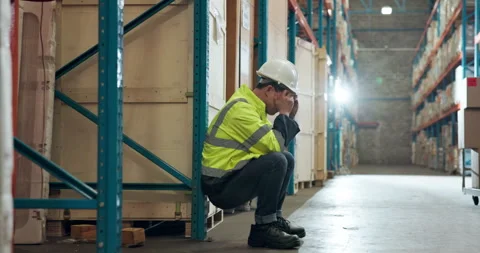 Break, distribution and stress with man in factory for delivery, logistics or Stock Footage 335936741