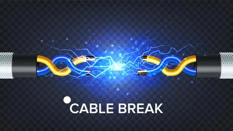 Break Electric Cable Vector. Electric Arc Power. Electricity Energy. 3D Ilustração Stock