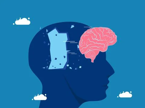 Break the old concept. Brain flies through giant head Stock Illustration