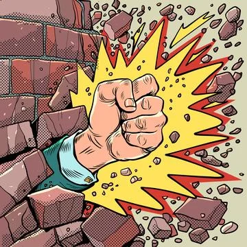 Break through barriers. Strength of mind. A mans fist with an explosion breaks Stock Illustration