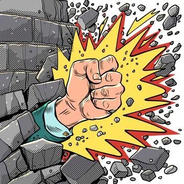 Break through barriers. Strength of mind. A man fist with an explosion breaks Stockillustratie