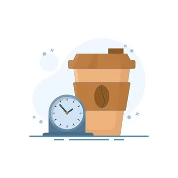 Break Time, Clock and Coffee Cup Concept. It's time to take a break. Stock Illustration