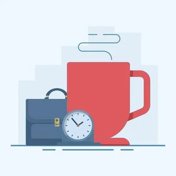 Break Time, Clock and Coffee Cup Concept. It's time to take a break. Stock Illustration