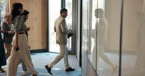 Break, walking out or employees at conference with rest, networking or interval Stock Footage 323249178