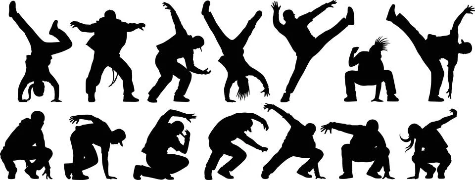 Breakdance silhouette vector set, hip hop dancers performing acrobatic move.. Stock Illustration