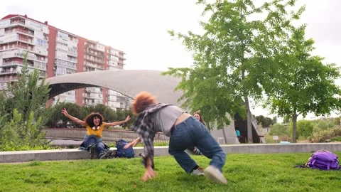 Breakdancer performing in slow motion in urban park Stock-Footage 312812143