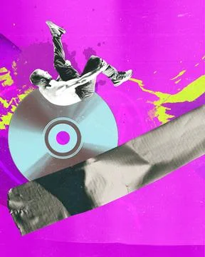 Breakdancer performs stunt on large CD, with background full of vibrant colors Stock Illustration