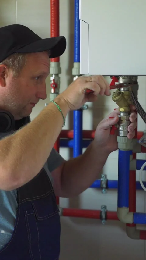 Breakdown in heating system. Plumber is repairing boiler. Maintenance worker is Stock Footage 324047529