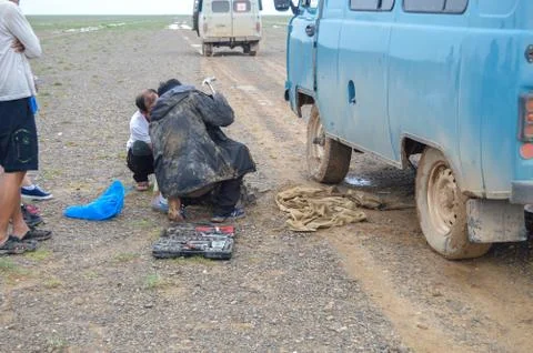 Breakdowns of Old Russian Van Are Rare in Mongolia Foto stock