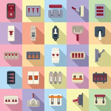 Breaker switch icons set flat vector. Cable chopper Stock Illustration