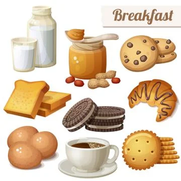 Breakfast 3. Set of cartoon vector food icons isolated on white background Stock Illustration