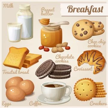 Breakfast 3. Set of cartoon vector food icons Stock Illustration
