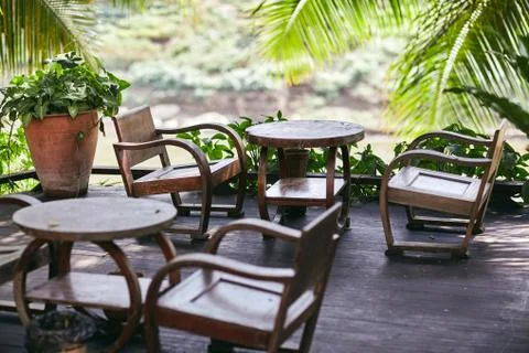 Breakfast and coffee table for two in restaurant beside Mekong river 스톡 사진