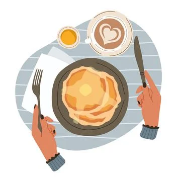 Breakfast and hands. Top view of morning meals. Cartoon person eats brunch with Stock Illustration