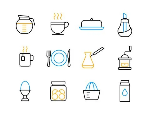 Breakfast and kitchen vector flat icon set Stock Illustration