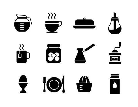 Breakfast and kitchen vector icon glyph set Stock Illustration