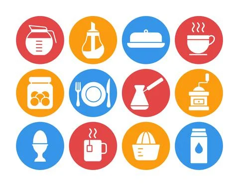 Breakfast and kitchen vector icon white glyph set Stock Illustration